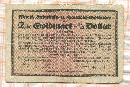 2,10 золотых марки. Германия 1923г
