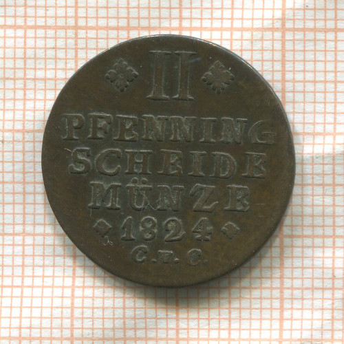 2 пфеннинга. Брауншвейг-Вольфенбюттель 1824г