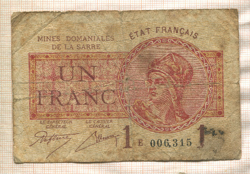 1 франк. Французский оккупационный выпуск в Сааре 1930г