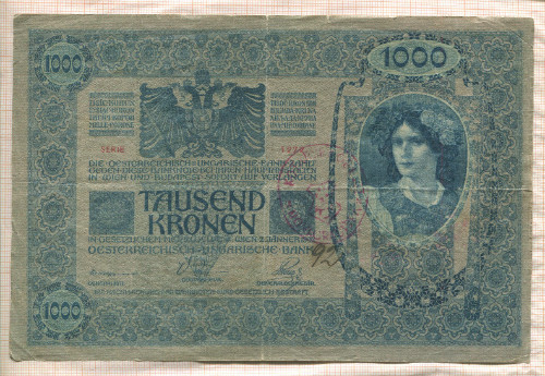 1000 крон. Королевство Сербов, Хорватов и Словенцев. Штамп на банкноте Австро-Венгрии 1919г