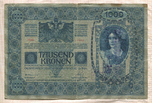1000 крон. Королевство сербов, хорватов и словенцев. Штамп г. Суботица на банкноте 1000 крон Австро-Венгрии 1902г.