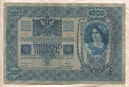 1000 крон. Королевство сербов, хорватов и словенцев. Штамп на банкноте Австро-Венгрии 1919г