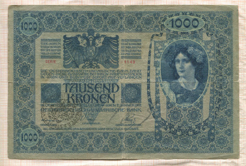 1000 крон. Королевство сербов, хорватов и словенцев. Печать на банкноте Австро-Венгрии 1919г