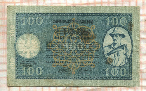 100 лир. Немецкий выпуск для оккупированных территорий. Провинция Лайбах 1944г