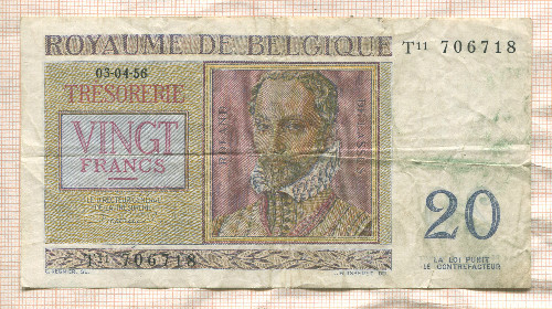 20 франков. Бельгия 1956г