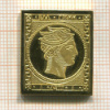 Позолоченная серебряная реплика почтовой марки. Голова Гермеса. 1 лепта. Греция. 1861 г. 925 пр.